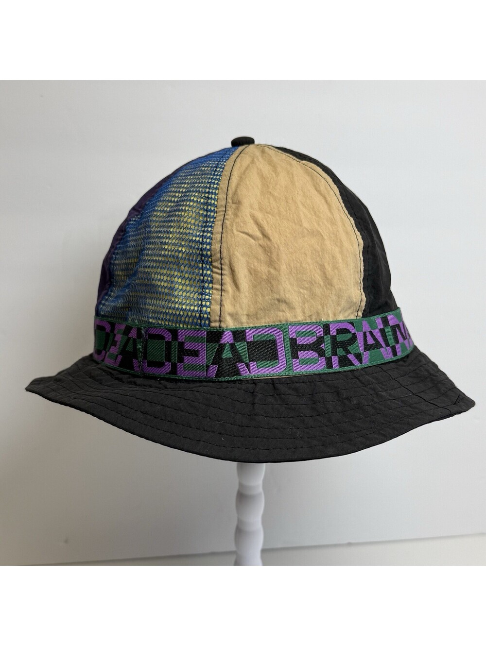 Brain Dead Nigel Color Blocked Bell Bucket Hat S/M Logo Black Purple Yellow